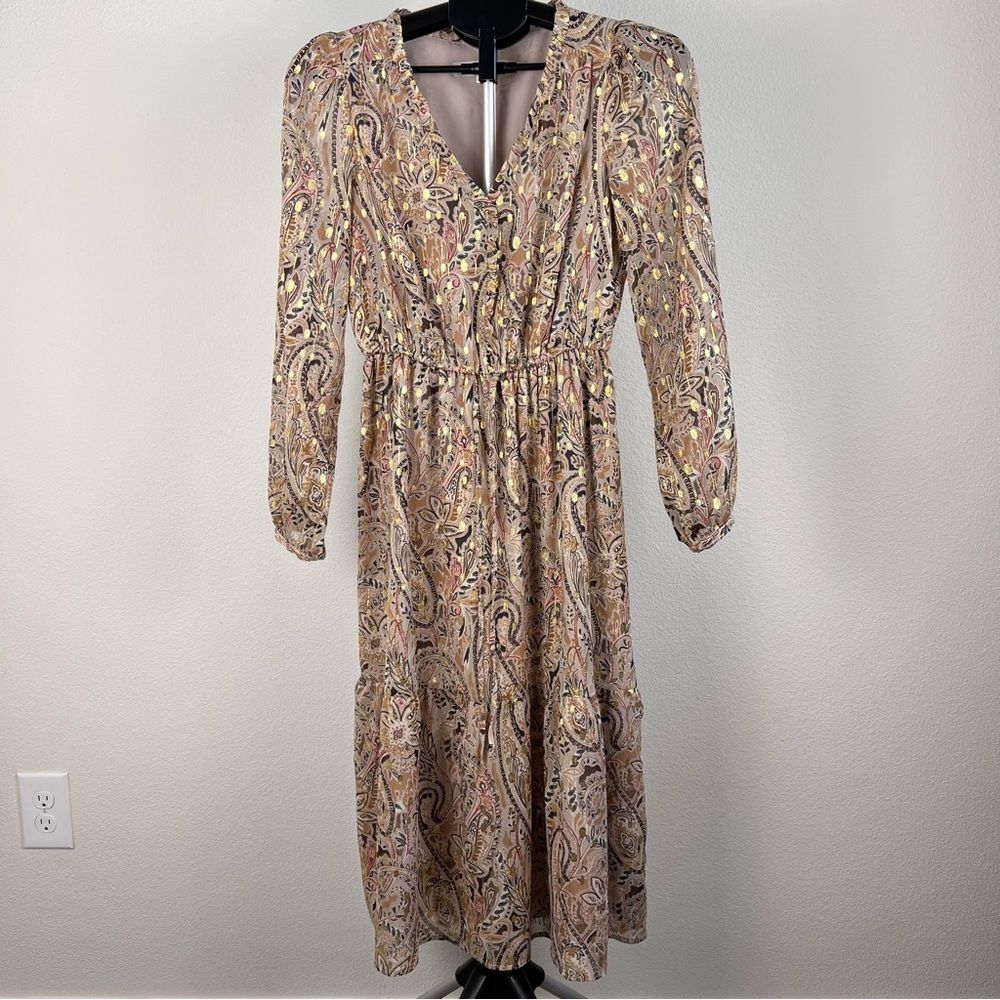 LOFT XS Paisley Midi Dress Gold Metallic‎ Fairycore Boho V Neck Garden Party